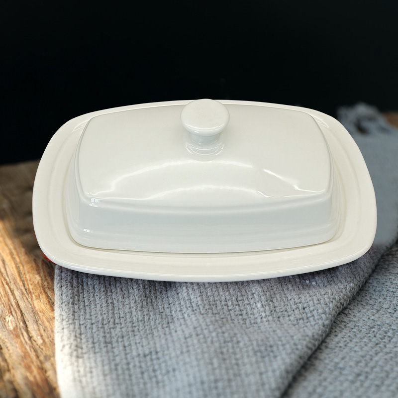 Wholesale Kitchenware Pure White Rectangle Ceramic Cheese Butter Container Dish with Cover