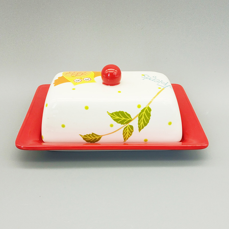 Custom logo cake cheese keeper plate porcelain butter dish Dolomite bottom ceramic butter container